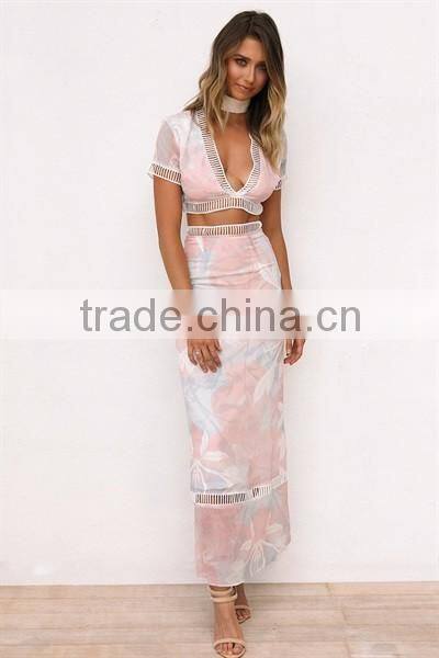 Latest floral print dress fashion dress two piece of maxi dress for women
