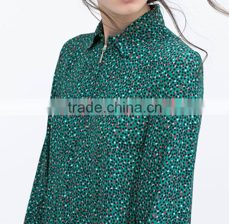 2015 summer long sleeve pleat with zipper front placket print rayon fashion dress - SYK15024