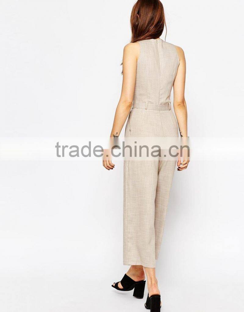 Linen round neckline sleeveless belt waist made in china long jumpsuit