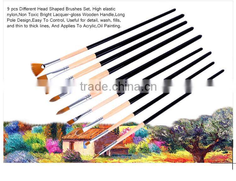 Factory Price 9 Pcs Long Wood Handle Artist Nylon Round Paint Brush Flat Paintbrush Fan Brushes Set Watercolor Painting Brush