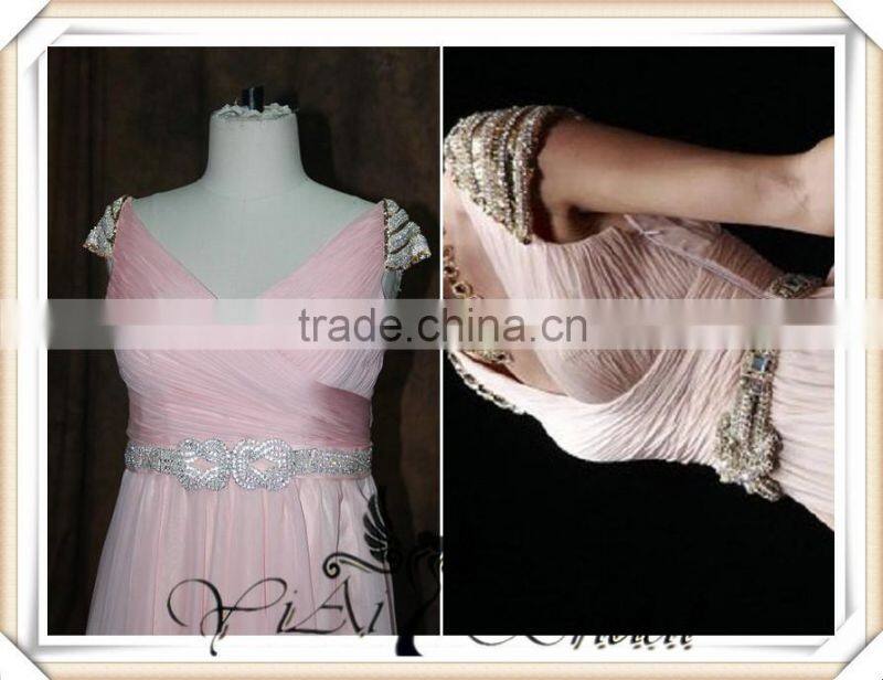 RSE256 Cap Sleeve Long Chiffon With Rhinestones Belt Country Style Peach Color Bridesmaid Dress