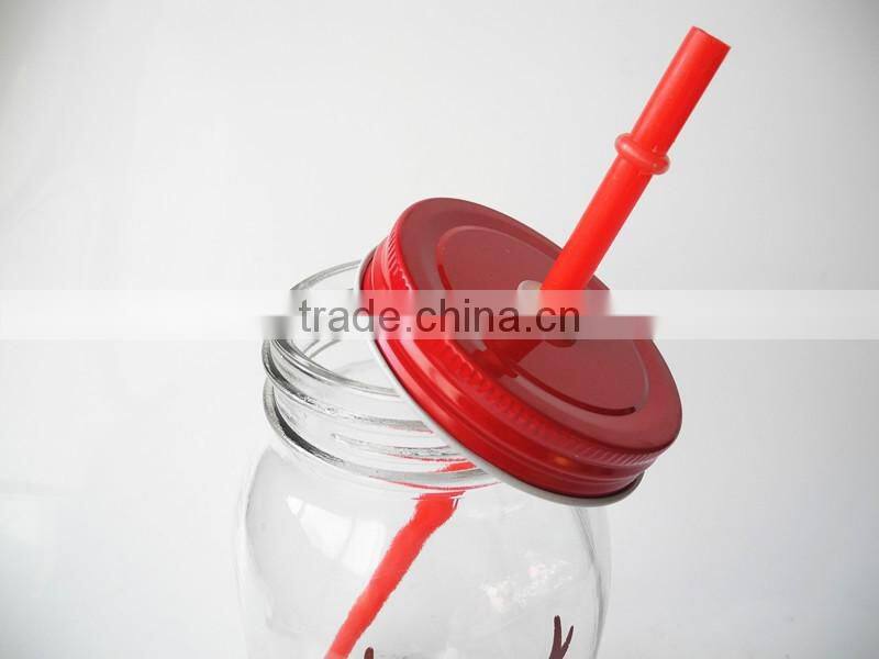 deer printed festival use ecofriendly glass mason jar with pipe