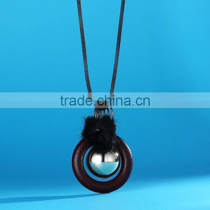silver ball wood hoop pompon pendant necklace Korea retro long sweater necklace autumn geometric necklace