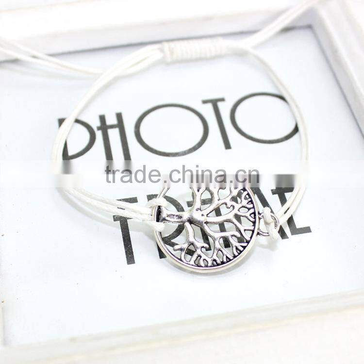 antique silver hollow tree of life charm bracelet customized charm wax cord bracelet cheap personalzied bracelet for promotion