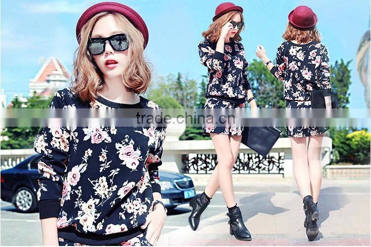 New Winter Women Brand Fashion Long-sleeved Tops + shorts Floral track suit