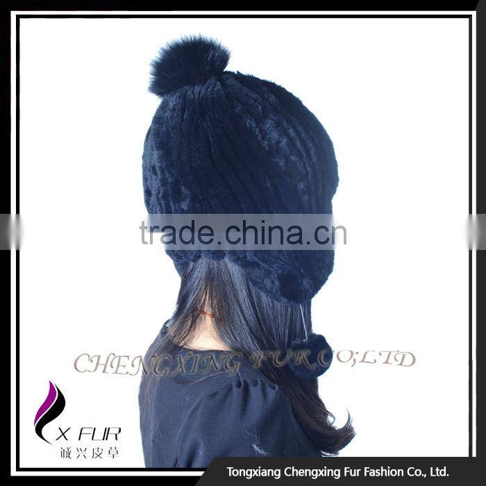 CX-C-116H Hand Knitted Beanie With Fur Ball Stock Rex Rabbit Fur Ladies Hats