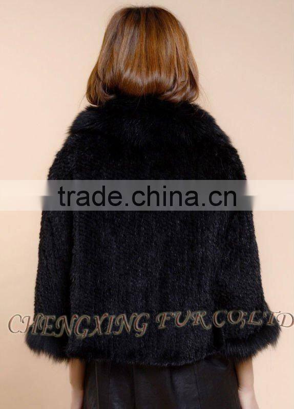 CX-B-M-41C Mink Fur Knitted Ladies Shawl With Fox Fur Trim
