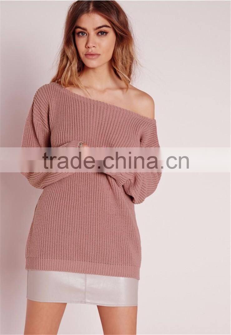 China OEM Winter Autumn Pullover Wide Neck Sweater Women Cashmere Ladies Jumpers Off Shoulder Jumper Pink