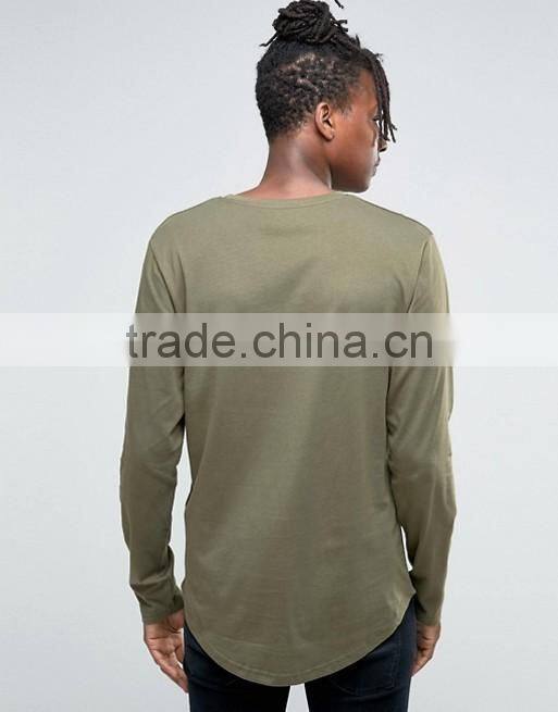 Khaki Longline Long Sleeve T Shirt for Men Elongated T-Shirt Cotton Elastane OEM o neck Curved Hem T Shirt wholesale