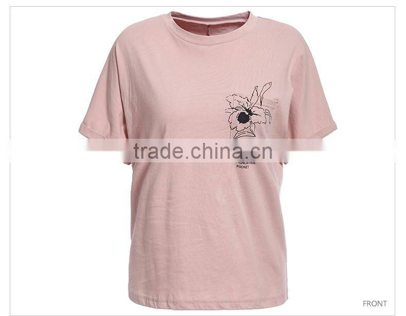 OEM Services Custom Design Printing Women Pink Cotton Floral Print Women Tee Shirts