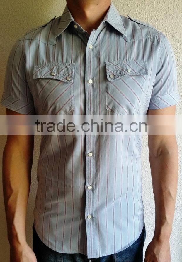 Man's Light Blue, white, Red Striped Short Sleeve Casual Shirt