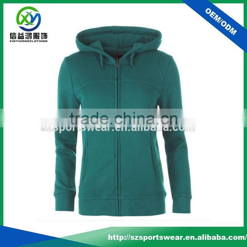 Plain green color full zipper lady hoody jacket with custom design and logo