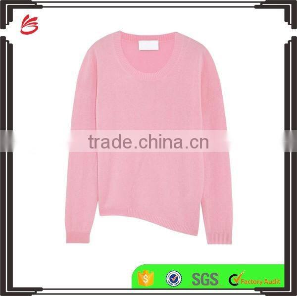Crew Necked Pink Colored Asymmetrical Hem 100% Cashmere Sweater Women