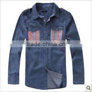 new men's long sleeve denim shirts with two pockets and scapular