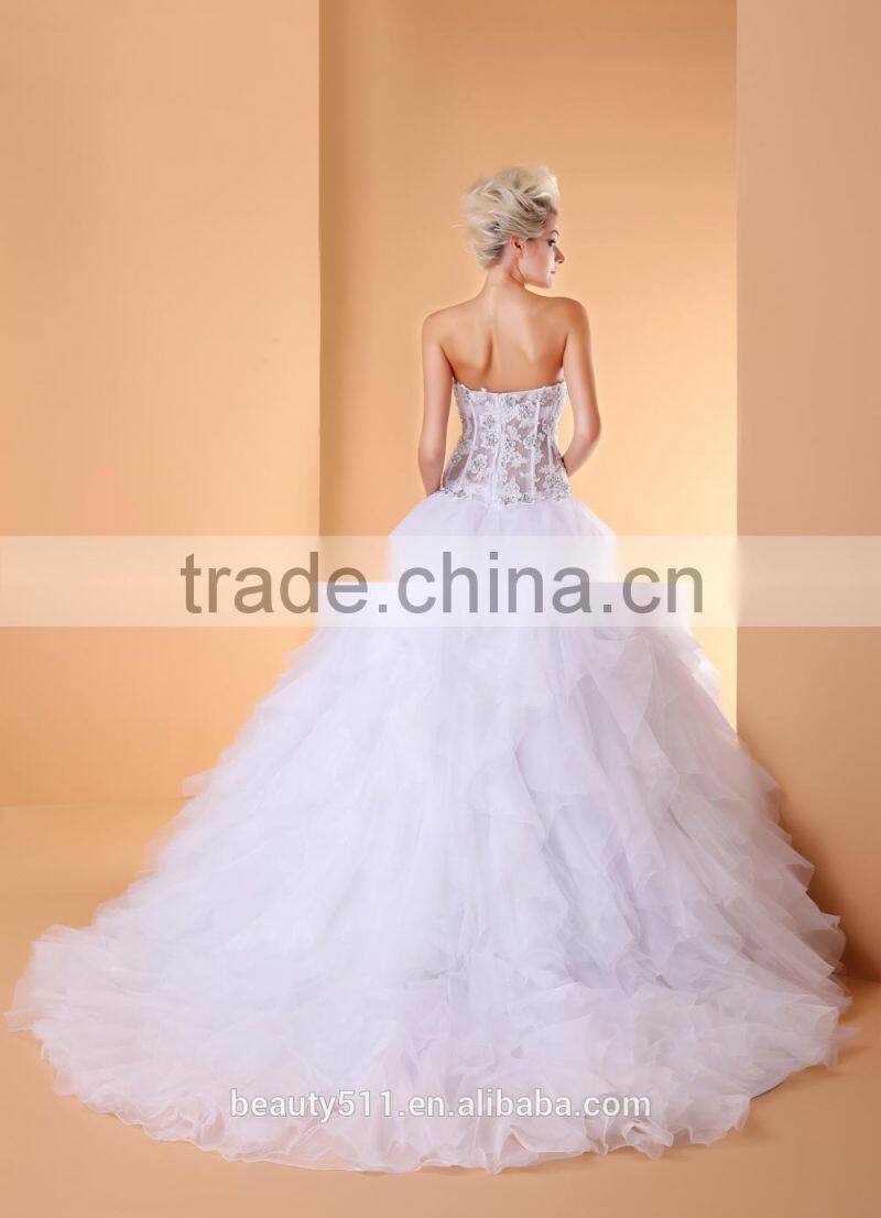 A-line Wedding Dress Open Back Floor-length Strapless Lace Tulle with Lace bridal gown P001