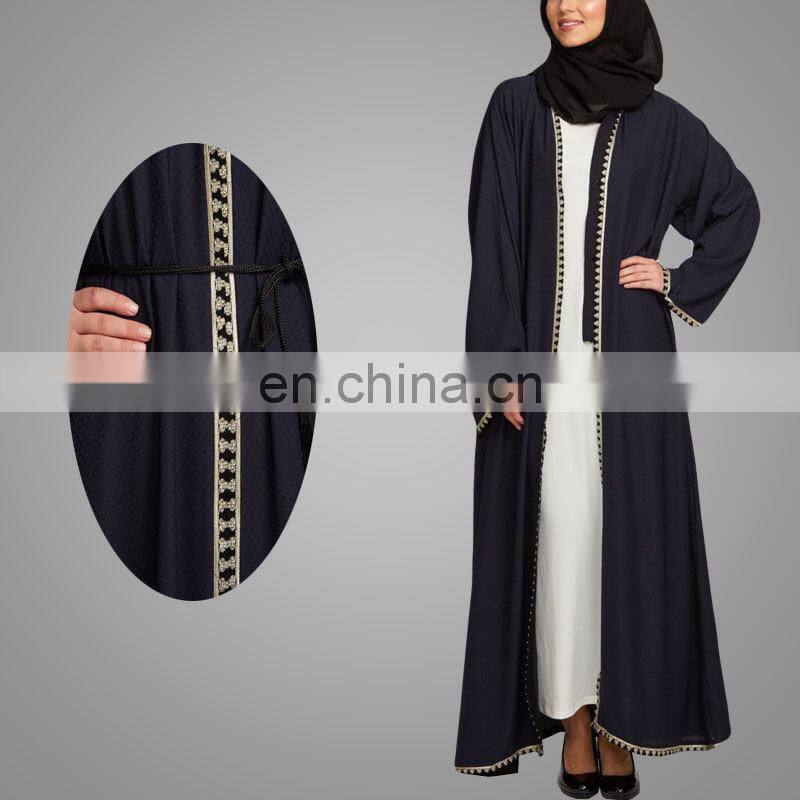 Modest Muslim Women Crepe Cardigan Navy Kimono with Lace Overcoat Open Front Islamic Abaya