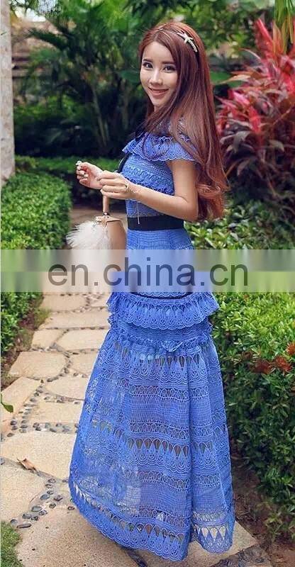 Light blue short sleeve long hollow young lady off work release dress