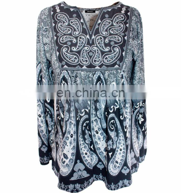 Stock Exotic Embroidery Long Sleeve Blouse Ethnic Paisley Printed Women Top