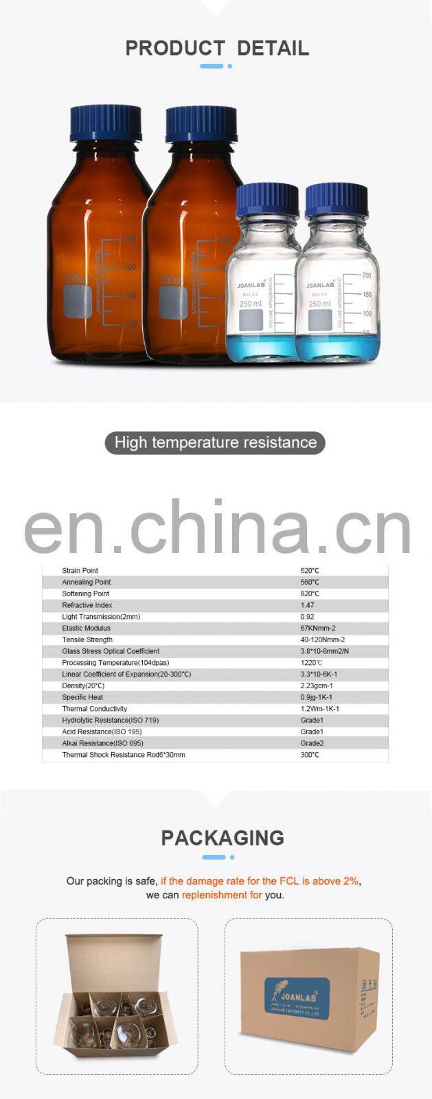 JOAN Lab Boro3.3 Glass Reagent Bottle With GL-45 Blue Screw Cap