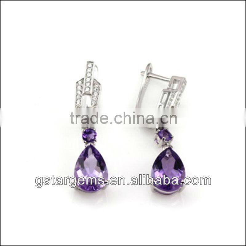 925 Sterling Silver Natural Gemstone Amethyst Rhodium Plated Jewelry CZ Earrings