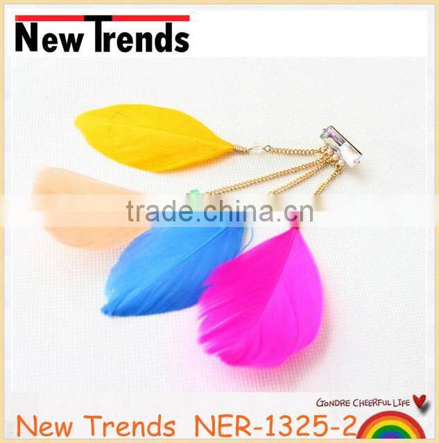Fashion new design colorful long feather earring with clear crystal