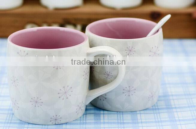 creative simple barrel shape of white120 oz carved sakura gift ceramic coffeee mug with lid