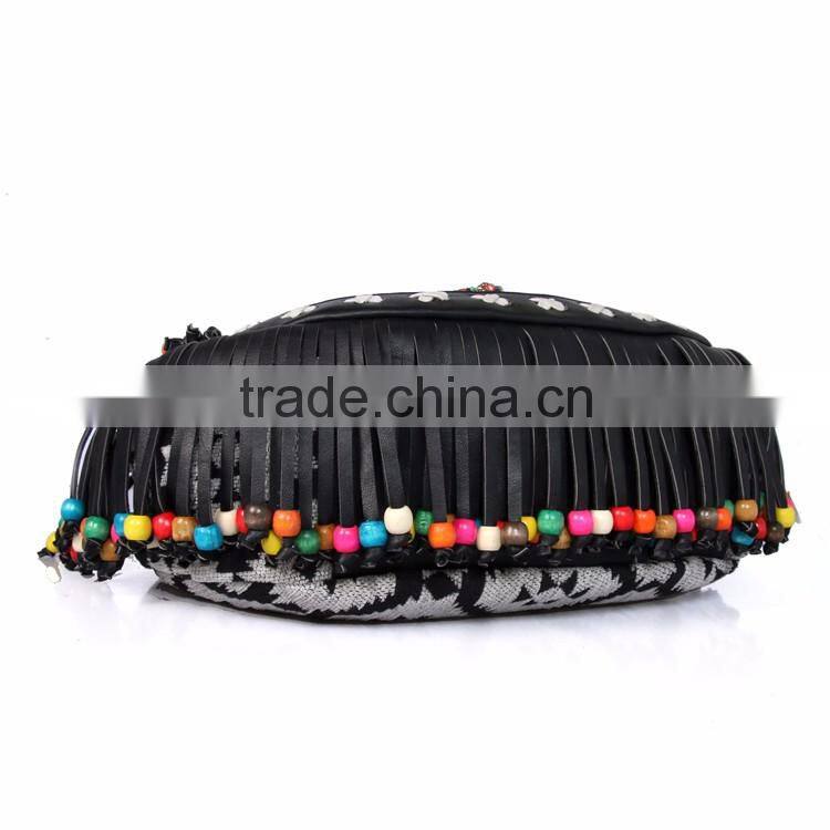 Ethnic Style Wood Bead Strap Multi-color Stripes Cloth Tote Shoulder Bag Handbag