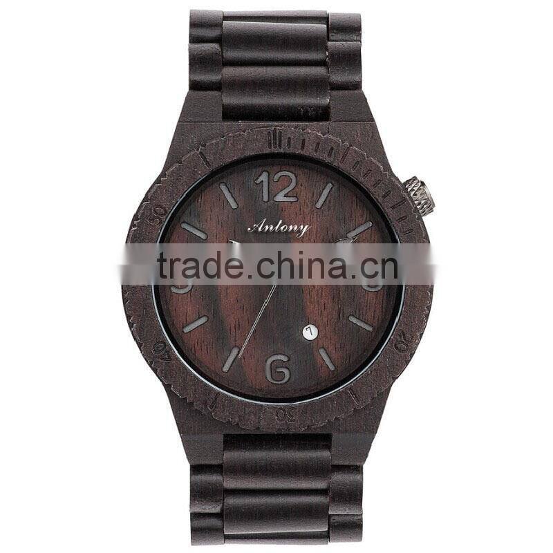 2015 Wooden Men Watch Ebony Case even strap / Japan movement with calendar