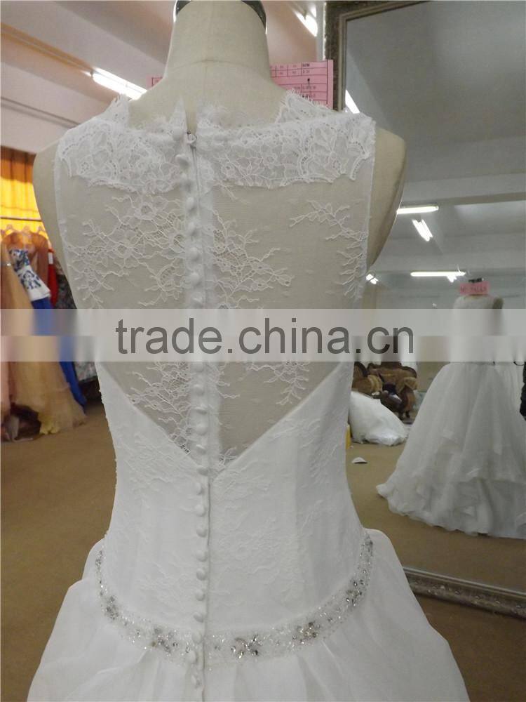 new arrival see-through lace neck layered organza ruffle wedding dress (KB2015-105)