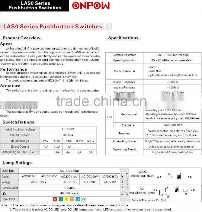 ONPOW Control panel push button(LAS0-A series,22MM,VDE,CE,ROHS)