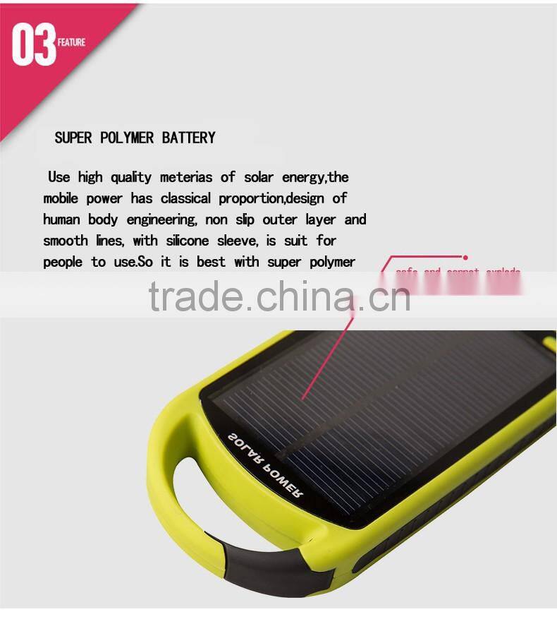 Colorful Water/dirt/shock proof dual usb Portable Solar Power Bank with LED light