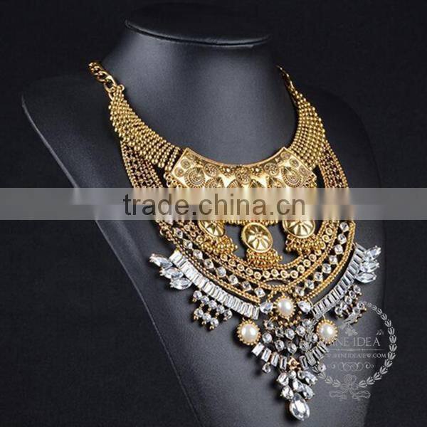 high quality vintage rhinestone imitation pearl chunky statement necklace tin alloy fashion women pendant necklace 6390130