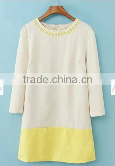 Beige Color Block Rhinestone Three Quarter Length Sleeve Dress