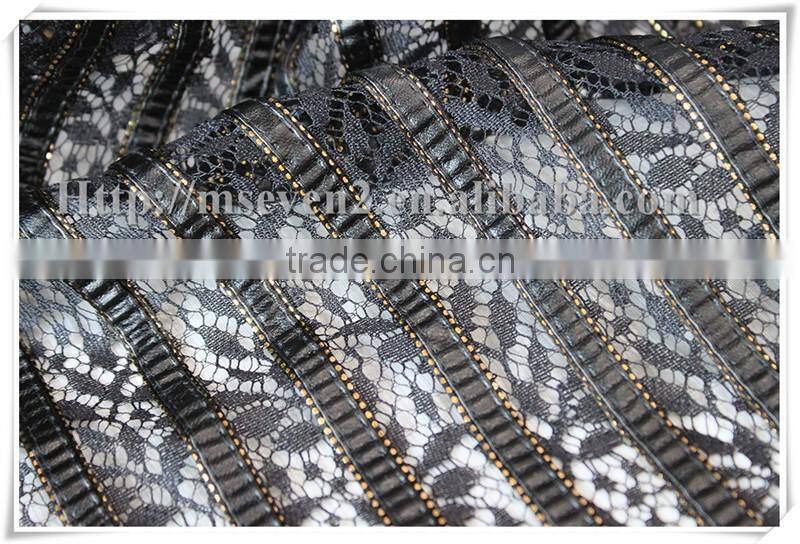 Fashion style leather lace fabric with gold chain for fashion clothing