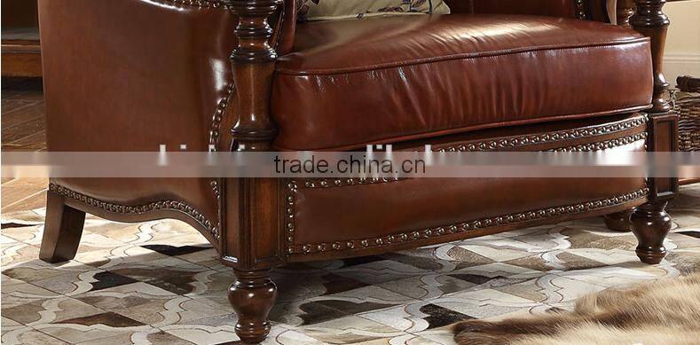 American classic concise solid wood hand carved living room furniture genuine leather 1+2+3 sofa set