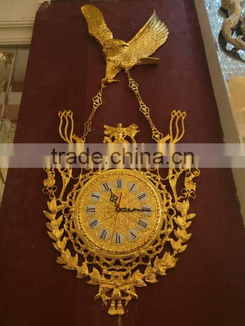 Home Luxury Decoration Antique 24K Gold Plated Wall Clock, Royal Eagle Hanging Wall Clock, Made of Copper
