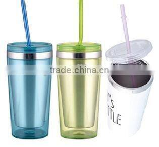 280ml/350ml/450ml stainless steel Inner steel outer plastic double layer cup with straw