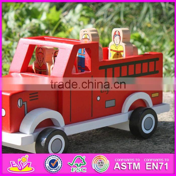 2017 New products dog and four firemen wooden toy fire trucks W04A315