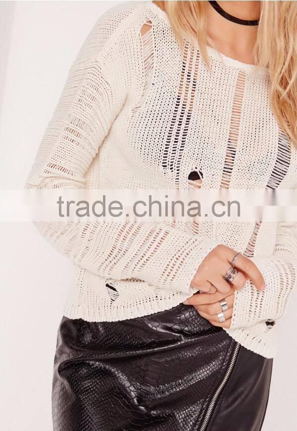 Alibaba China Women Long Sleeve Sweater Ladder Shoulder Distressed Cropped Jumper White Knitwear Pullover