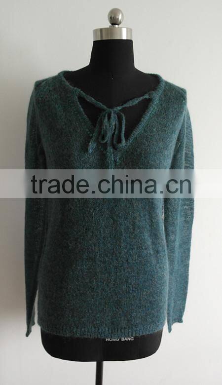 Fashion ladies V neck pullover with bead around neck style