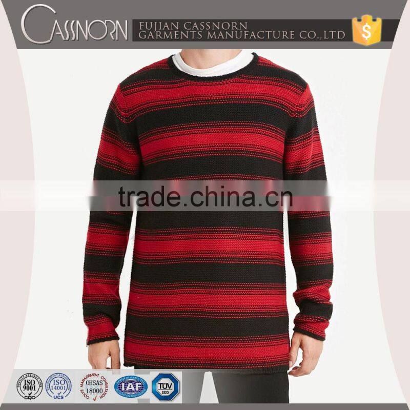 crew neck long sleeve acrylic pullover purl knit mens red and black striped sweater