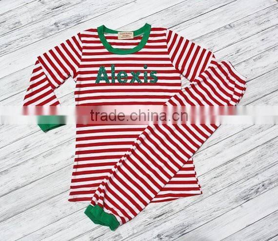 Newborn Baby Christmas pajamas red and white stripe Set unique boy or girl names monogram personalized sleepwear