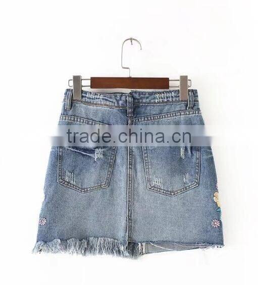 Runwaylover 131 Ladies 2017 Fashion High Waist Embroidery Denim Skirt