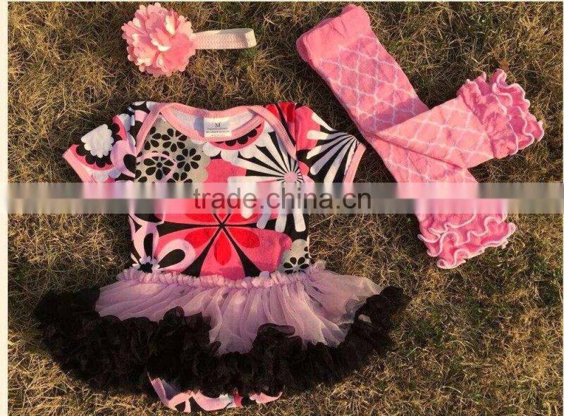 2015 new pink flower baby romper tutu romper dress with matching headband and leg warmer