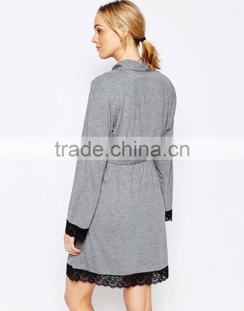 Regular fit long sleeve jersey sleeping robe for women,maternity lace trims robe 2016