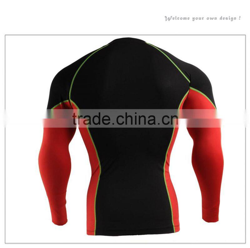 Mens skin tight base layer spandex long sleeve black-red t-shirt