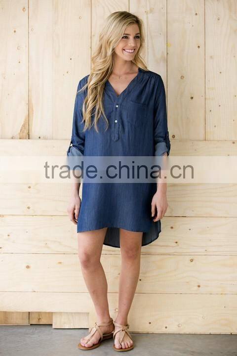 Fashion denim tops women dress with pure color long sleeve cowboy dress for women 2017