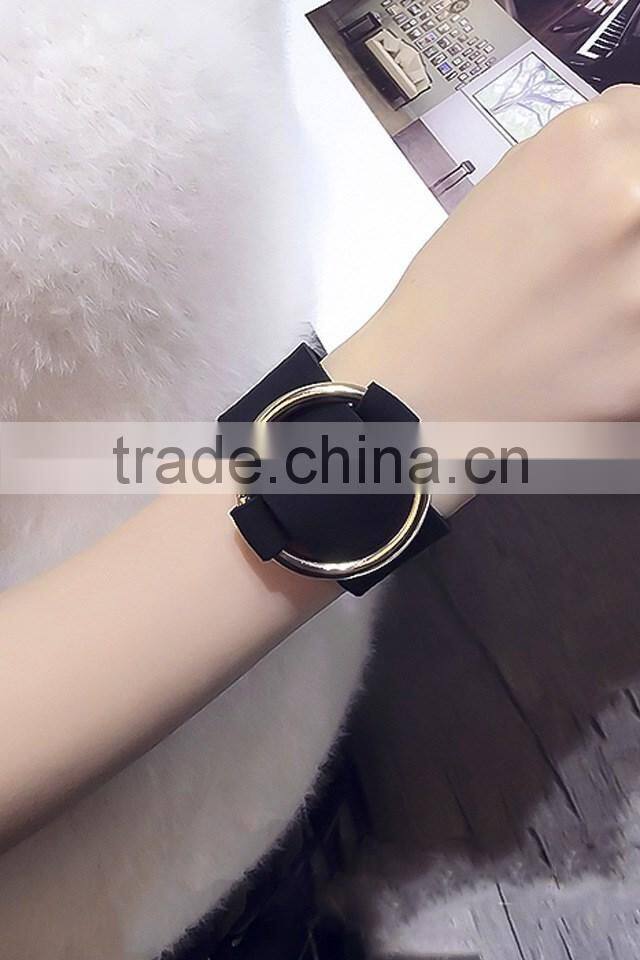 Wide Black Punk Leather Bangle Bracelet with Adjustable Gold/Silver Loop Circle for Lady