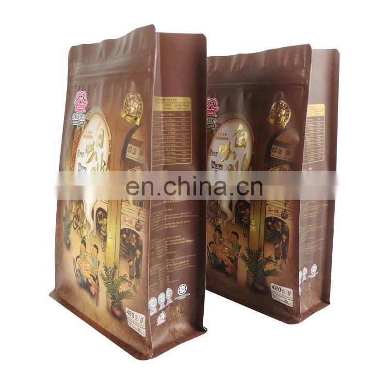 Recyclable stand up block bottom kraft paper packaging custom printed paper coffee zipper pouches for ipoh white coffee