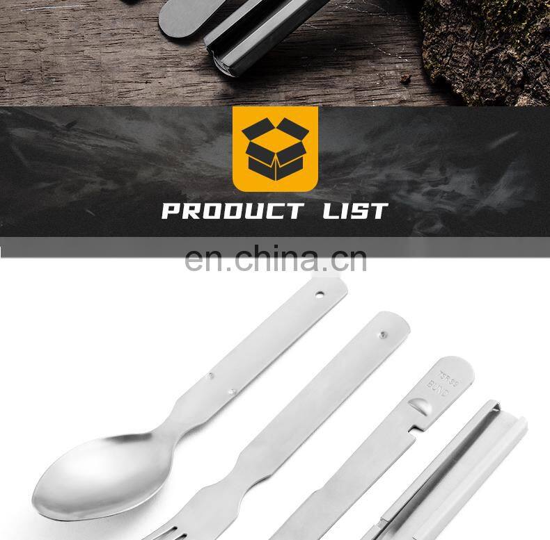 High Quality Outdoor Stainless Steel Camping Tableware 4 in 1 Portable Bottle Opener with Knife, Fork and Spoon
